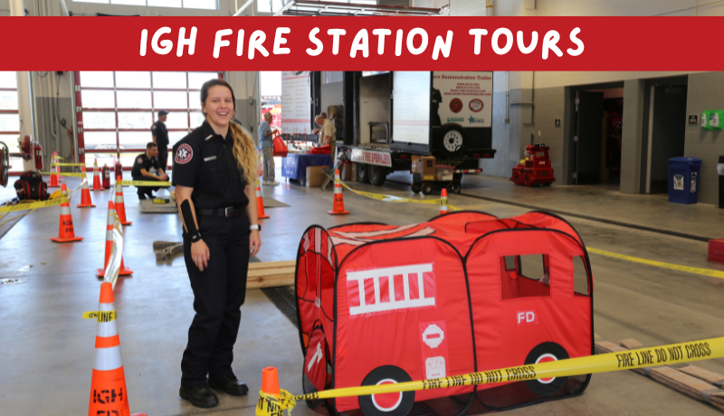 Photo that says IGH Fire Station Tours with image inside fire station