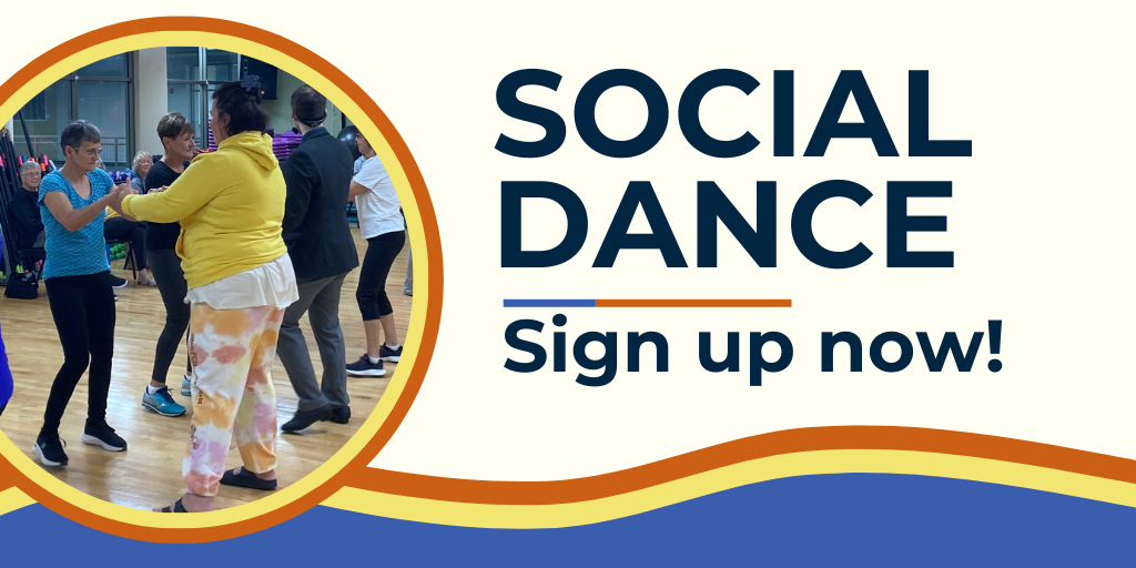 graphic reading social dance, sign up now, with a picture of people in a dance class