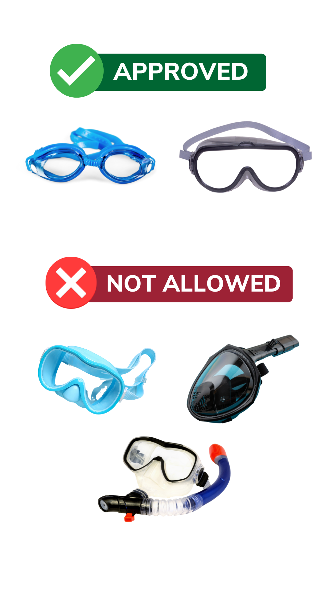 Photo showing goggles and masks that are approved and not allowed in the VMCC aquatic center. 